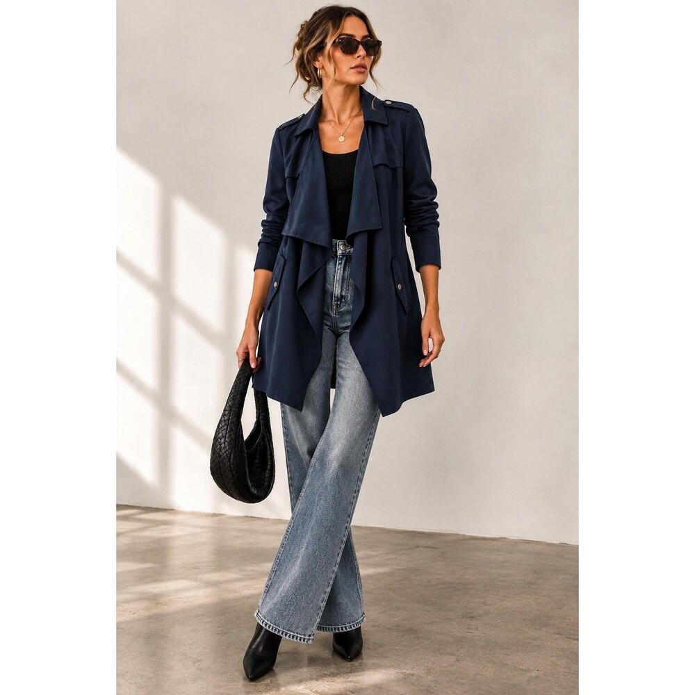 Vero Moda Navy 3/4 Draped Trench Open Front Lightweight Jacket Size M Capsule